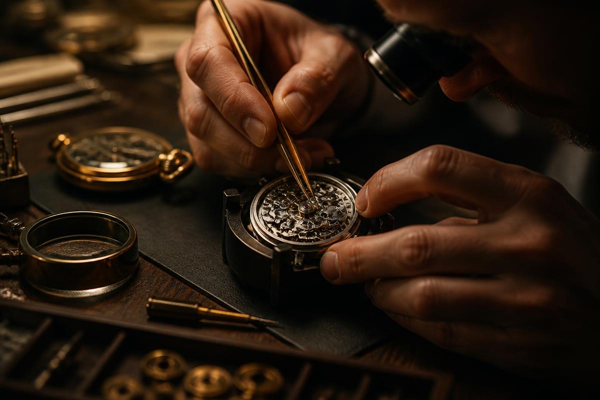 Watchmaker repairing a mechanical watch movement with precision tools